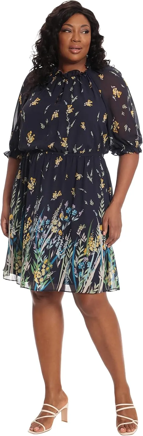London Times Women's Ruffle Mock Neck Raglan Sleeve Dress with Border Printed A-line Skirt