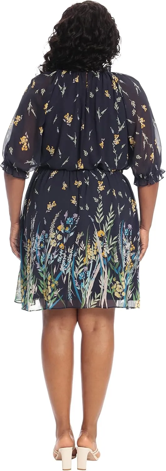 London Times Women's Ruffle Mock Neck Raglan Sleeve Dress with Border Printed A-line Skirt