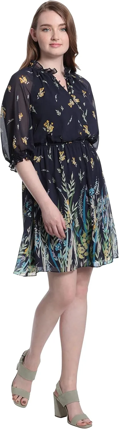 London Times Women's Ruffle Mock Neck Raglan Sleeve Dress with Border Printed A-line Skirt