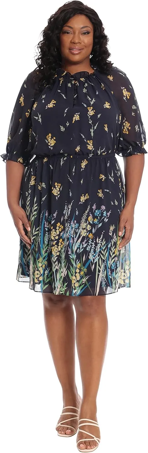 London Times Women's Ruffle Mock Neck Raglan Sleeve Dress with Border Printed A-line Skirt