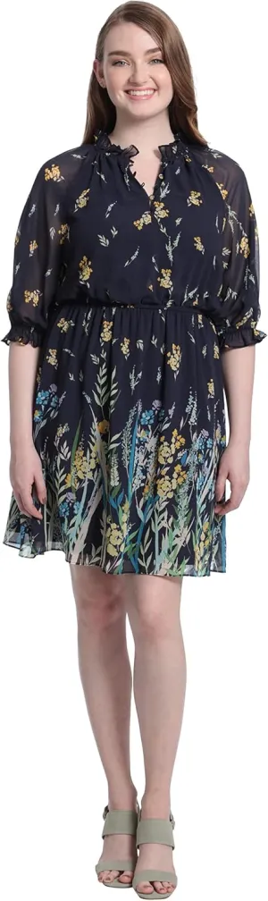 London Times Women's Ruffle Mock Neck Raglan Sleeve Dress with Border Printed A-line Skirt