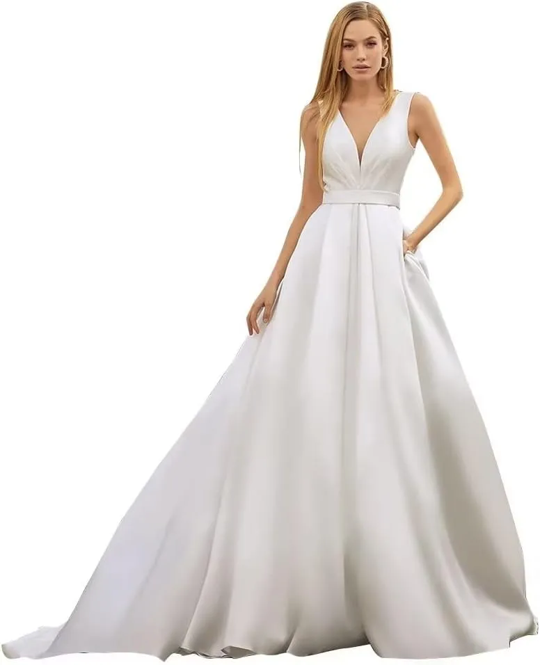 Long Sleeve Lace Wedding Dresses for Bride Satin Ball Gowns Simple V Neck Bridal Gowns for Women