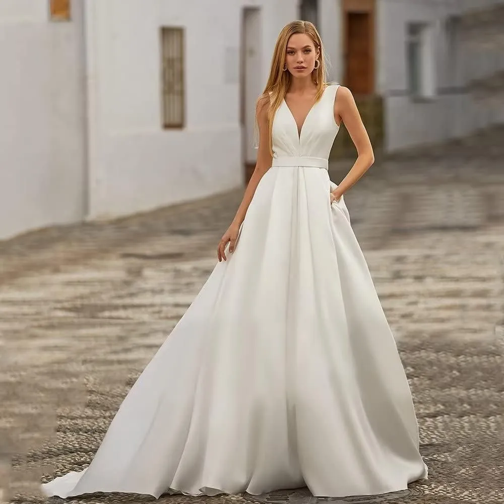 Long Sleeve Lace Wedding Dresses for Bride Satin Ball Gowns Simple V Neck Bridal Gowns for Women