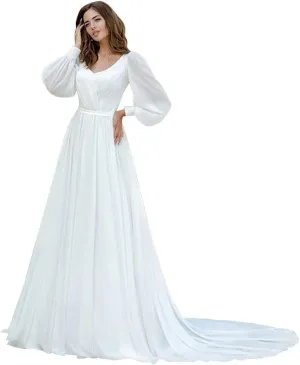 Long Sleeve Lace Wedding Dresses for Bride Satin Ball Gowns Simple V Neck Bridal Gowns for Women