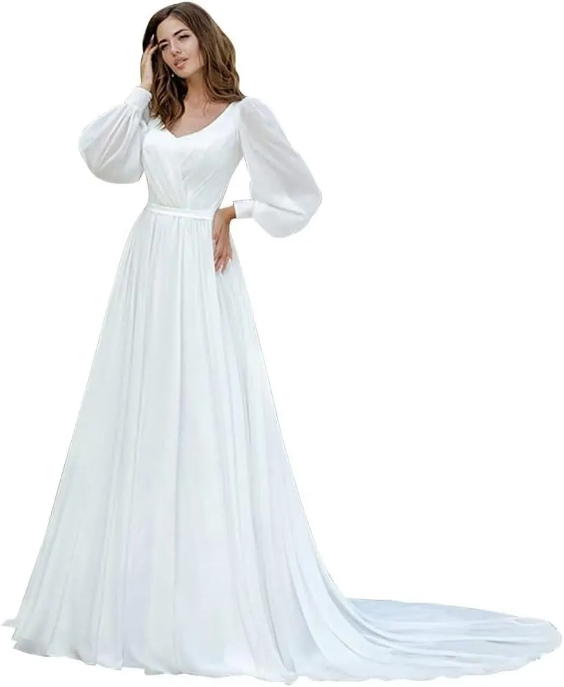Long Sleeve Lace Wedding Dresses for Bride Satin Ball Gowns Simple V Neck Bridal Gowns for Women