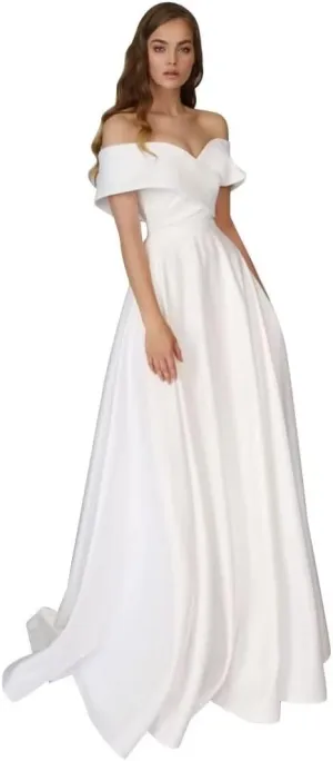 Long Sleeve Lace Wedding Dresses for Bride Satin Ball Gowns Simple V Neck Bridal Gowns for Women