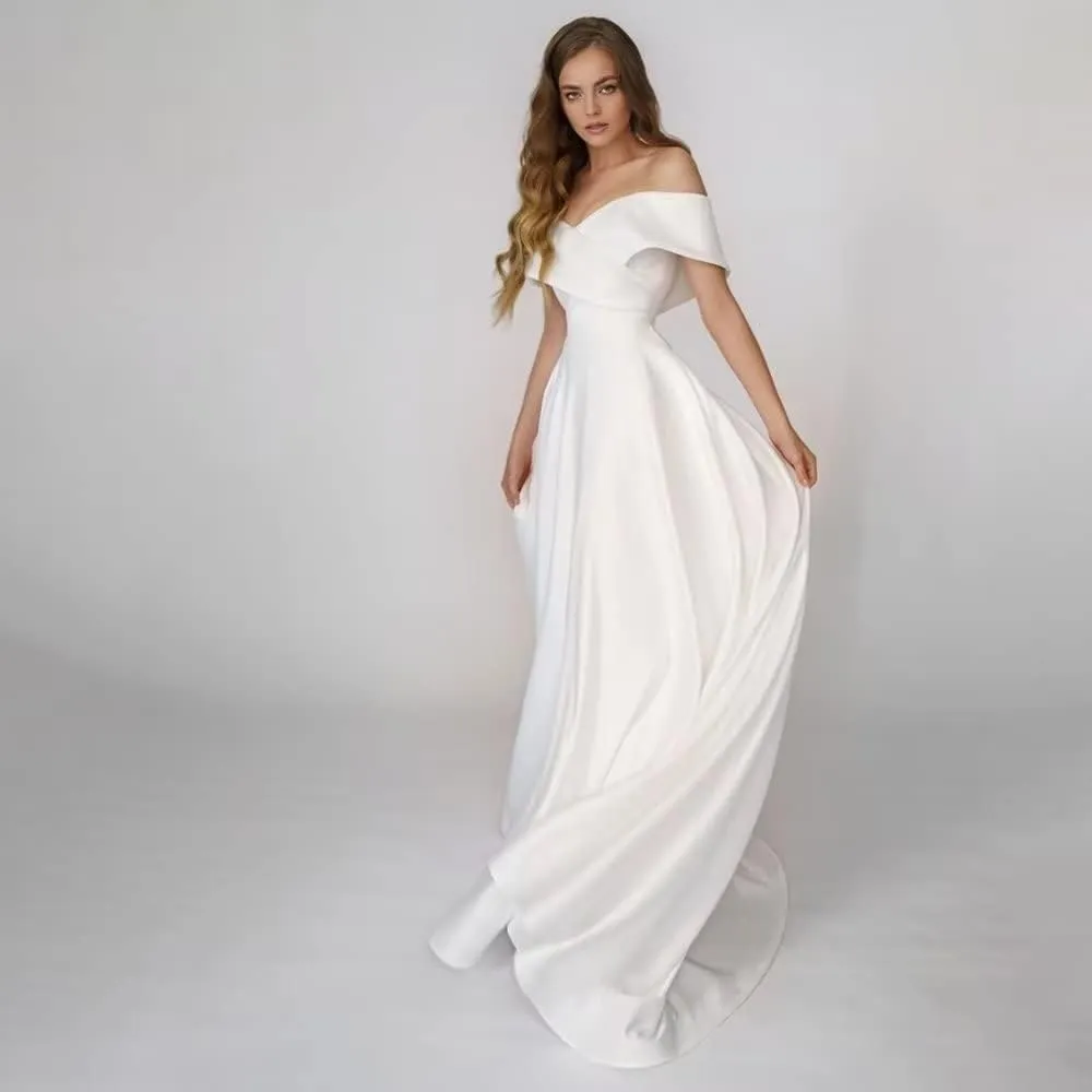 Long Sleeve Lace Wedding Dresses for Bride Satin Ball Gowns Simple V Neck Bridal Gowns for Women