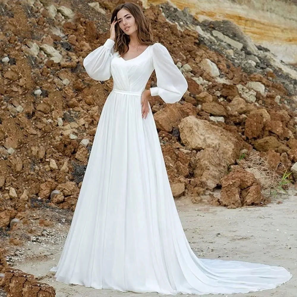 Long Sleeve Lace Wedding Dresses for Bride Satin Ball Gowns Simple V Neck Bridal Gowns for Women
