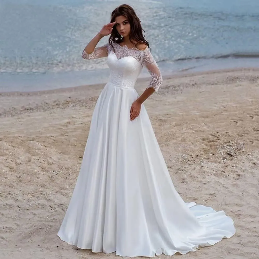 Long Sleeve Lace Wedding Dresses for Bride Satin Ball Gowns Simple V Neck Bridal Gowns for Women