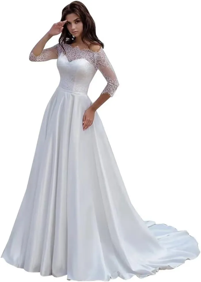 Long Sleeve Lace Wedding Dresses for Bride Satin Ball Gowns Simple V Neck Bridal Gowns for Women