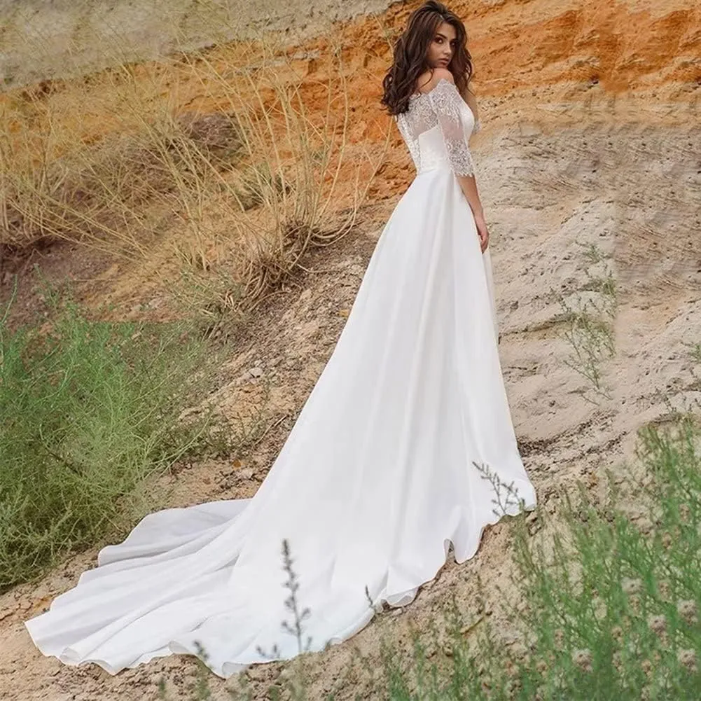 Long Sleeve Lace Wedding Dresses for Bride Satin Ball Gowns Simple V Neck Bridal Gowns for Women