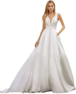 Long Sleeve Lace Wedding Dresses for Bride Satin Ball Gowns Simple V Neck Bridal Gowns for Women