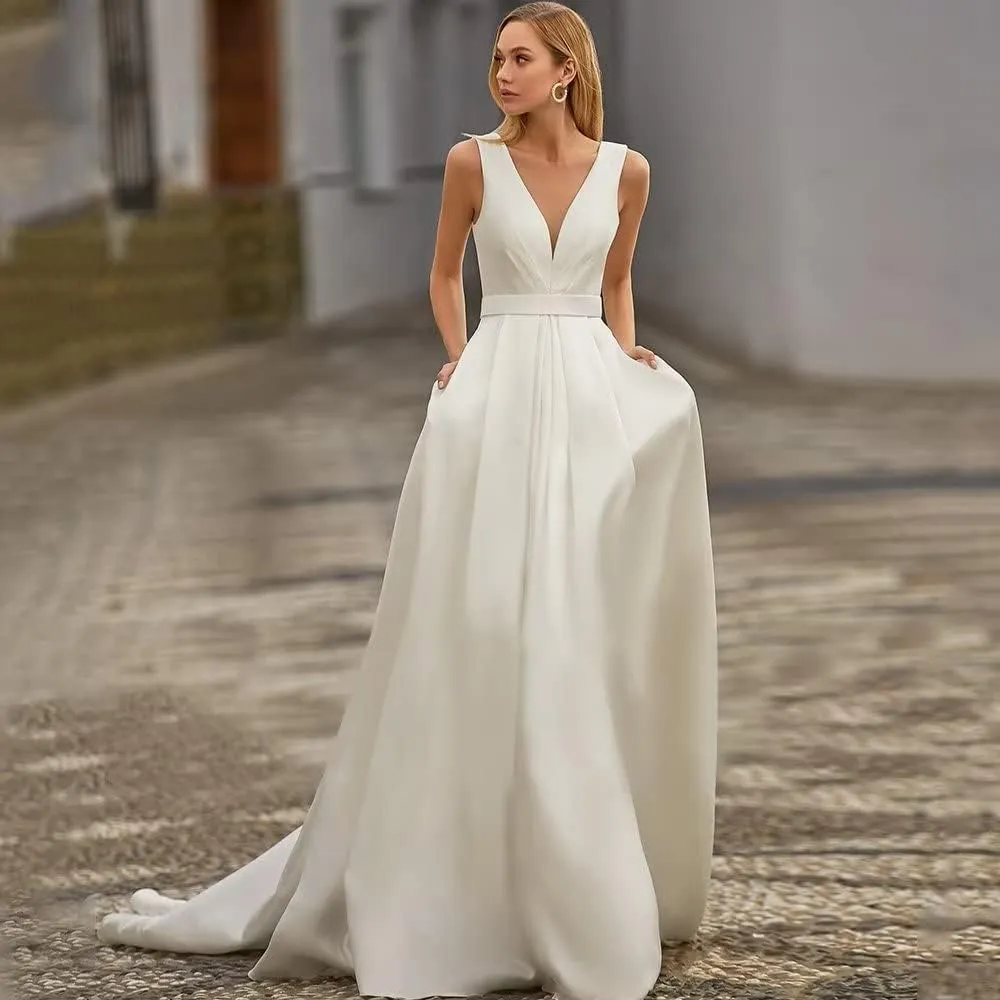 Long Sleeve Lace Wedding Dresses for Bride Satin Ball Gowns Simple V Neck Bridal Gowns for Women