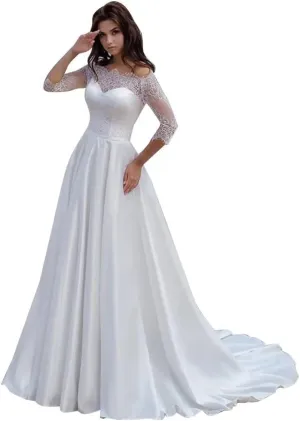 Long Sleeve Lace Wedding Dresses for Bride Satin Ball Gowns Simple V Neck Bridal Gowns for Women
