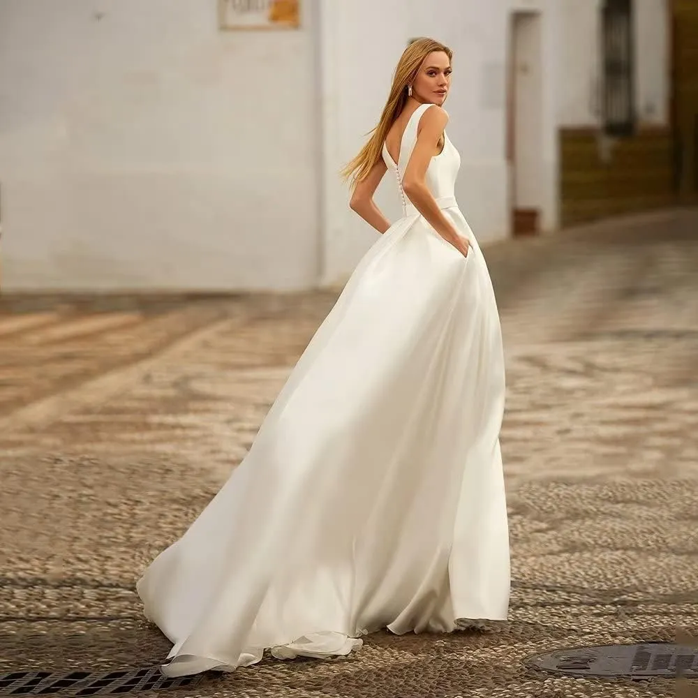 Long Sleeve Lace Wedding Dresses for Bride Satin Ball Gowns Simple V Neck Bridal Gowns for Women