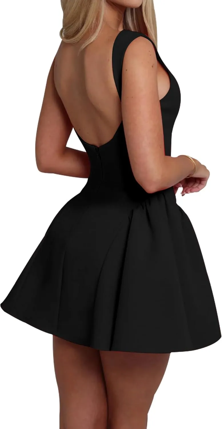 LuFeng Women's Sexy Backless Sleeveless Scoop Back Puffy Ruched A Line Tank Mini Dress Cocktail Formal Dress