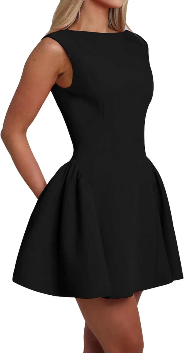 LuFeng Women's Sexy Backless Sleeveless Scoop Back Puffy Ruched A Line Tank Mini Dress Cocktail Formal Dress