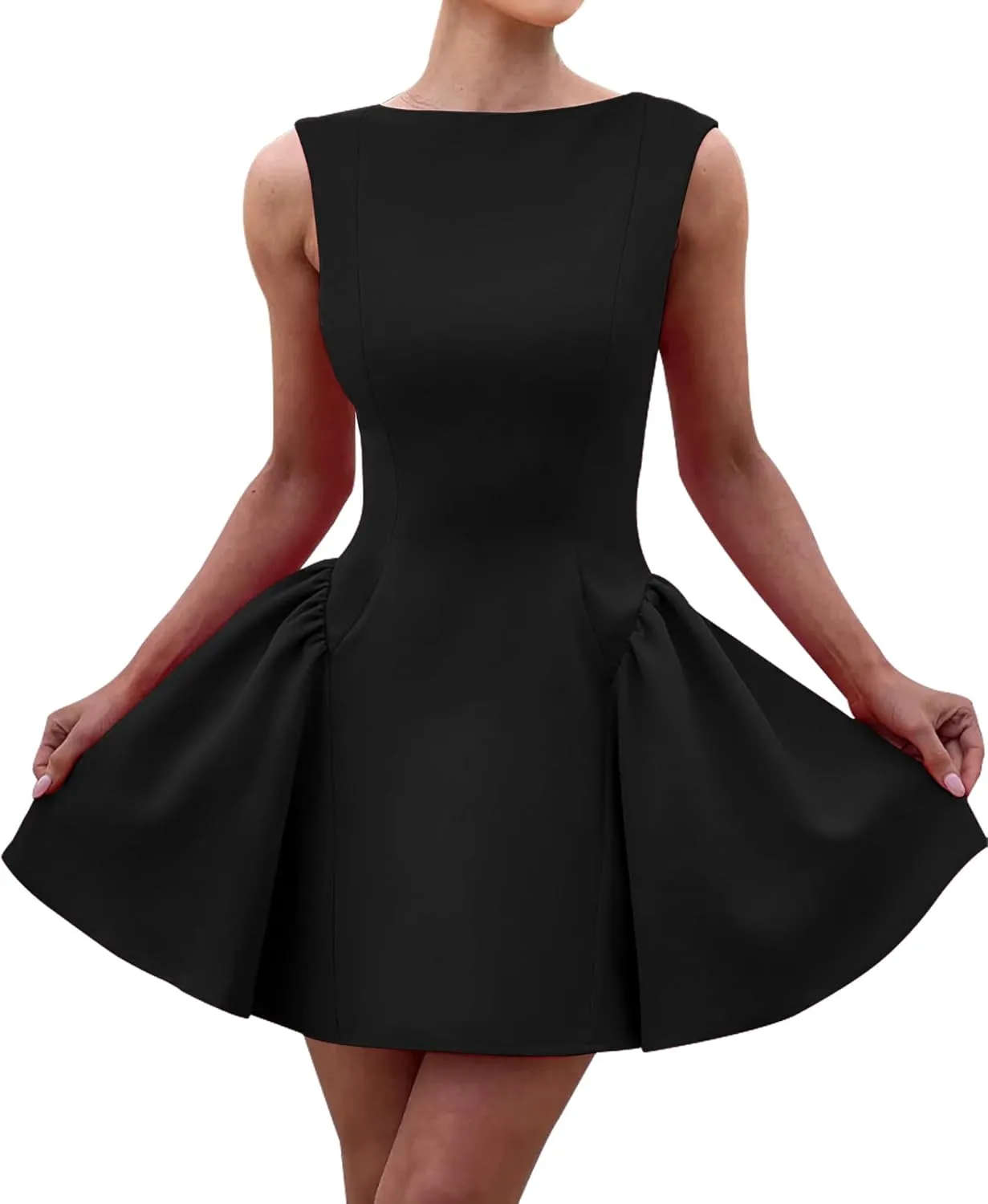 LuFeng Women's Sexy Backless Sleeveless Scoop Back Puffy Ruched A Line Tank Mini Dress Cocktail Formal Dress