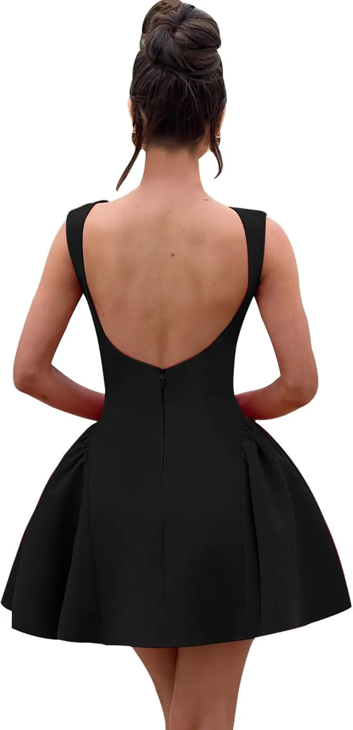 LuFeng Women's Sexy Backless Sleeveless Scoop Back Puffy Ruched A Line Tank Mini Dress Cocktail Formal Dress