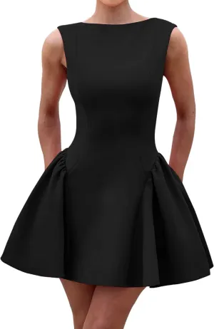 LuFeng Women's Sexy Backless Sleeveless Scoop Back Puffy Ruched A Line Tank Mini Dress Cocktail Formal Dress