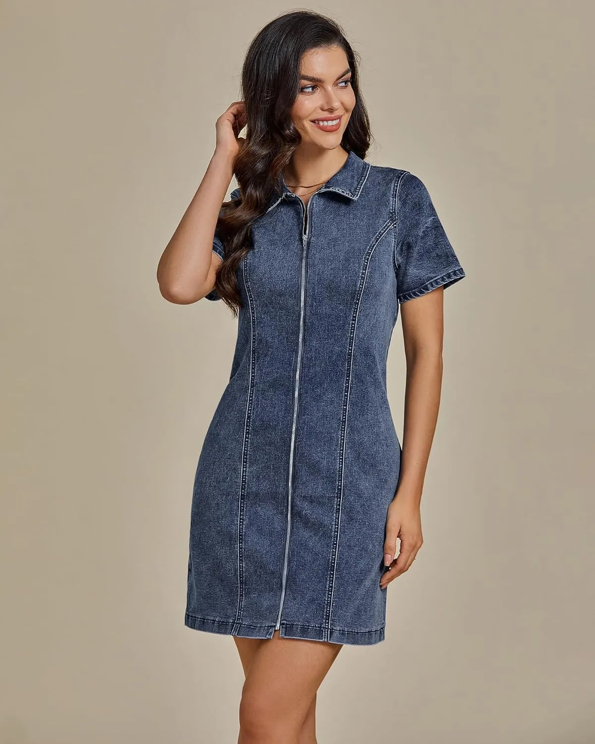 luvamia Denim Dresses for Women Summer Casual Zip Up Short Sleeve Western Short Stretchy Jean Dress with Pockets