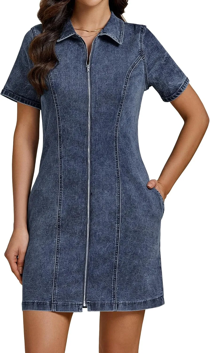luvamia Denim Dresses for Women Summer Casual Zip Up Short Sleeve Western Short Stretchy Jean Dress with Pockets