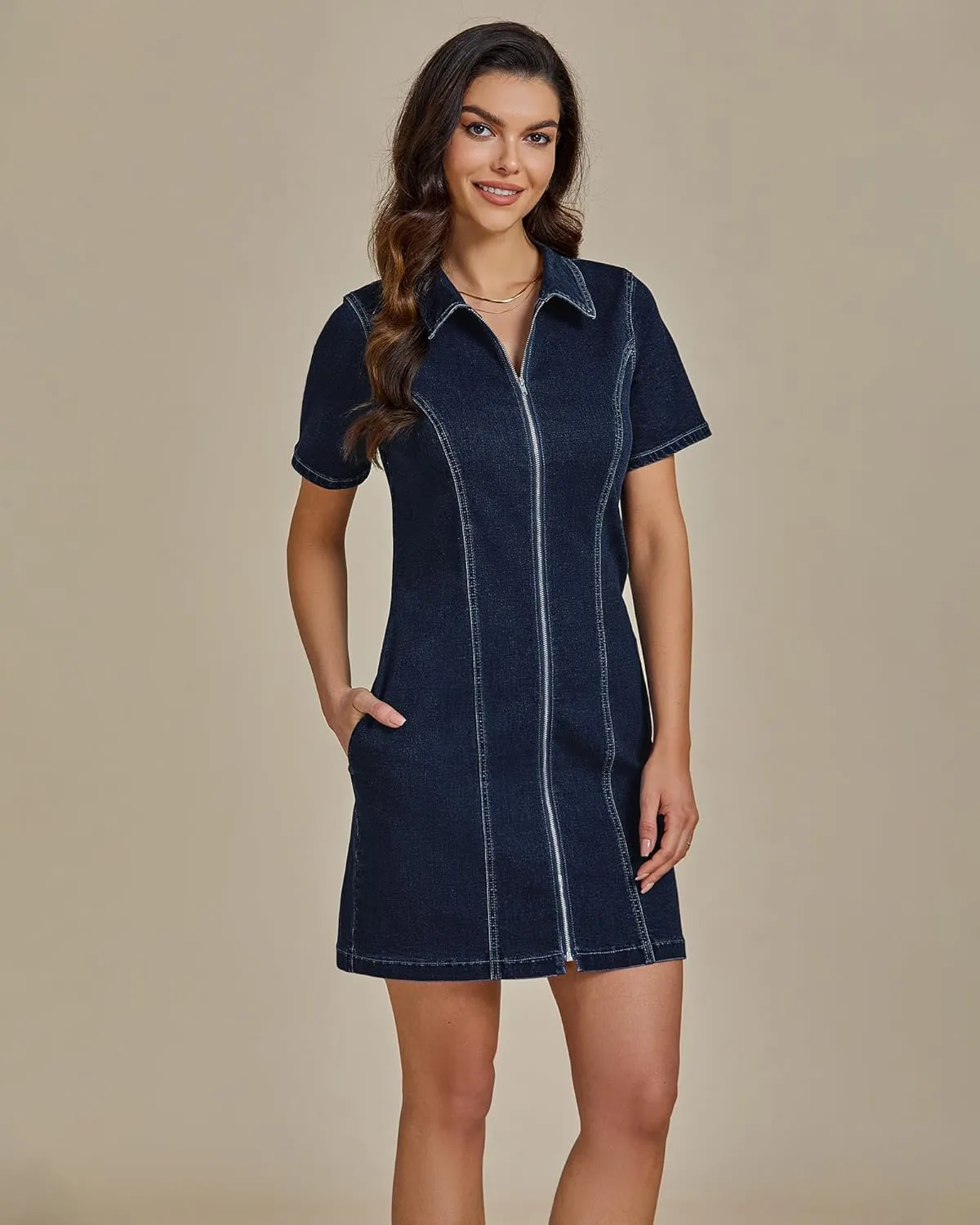 luvamia Denim Dresses for Women Summer Casual Zip Up Short Sleeve Western Short Stretchy Jean Dress with Pockets