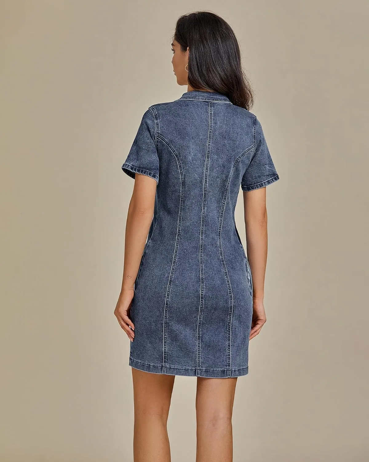 luvamia Denim Dresses for Women Summer Casual Zip Up Short Sleeve Western Short Stretchy Jean Dress with Pockets