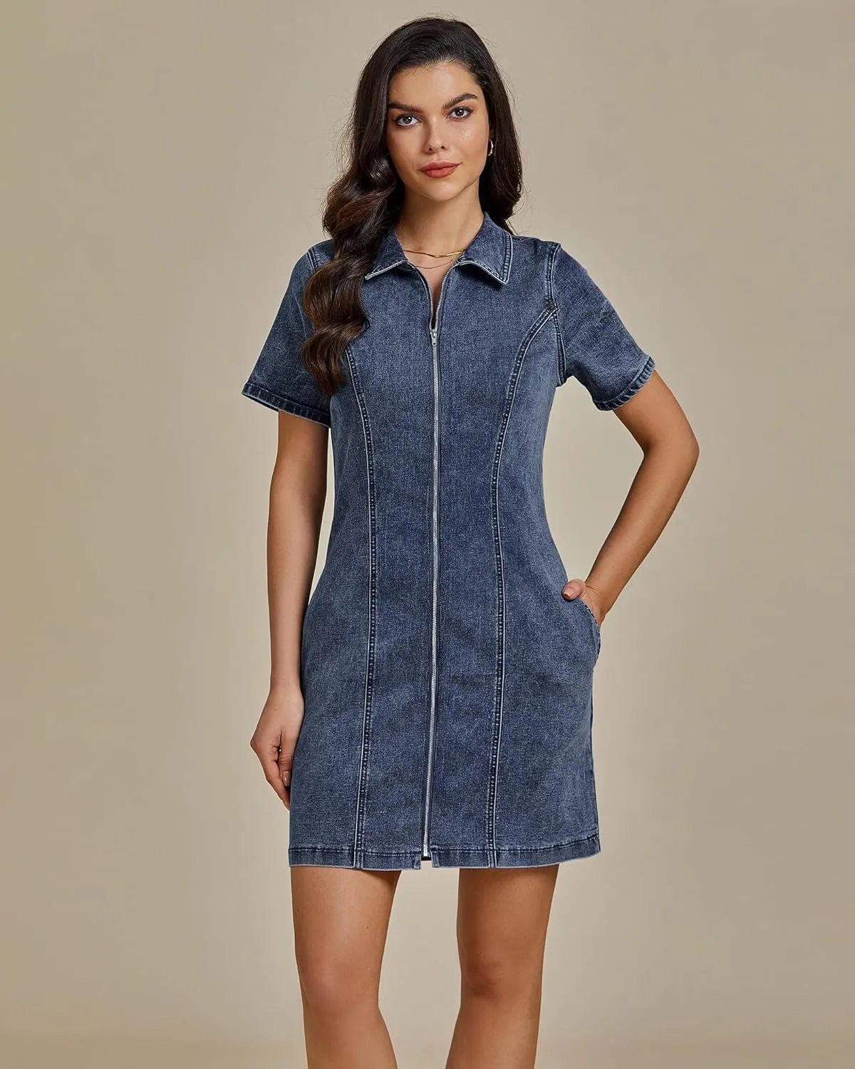 luvamia Denim Dresses for Women Summer Casual Zip Up Short Sleeve Western Short Stretchy Jean Dress with Pockets