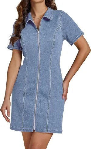 luvamia Denim Dresses for Women Summer Casual Zip Up Short Sleeve Western Short Stretchy Jean Dress with Pockets