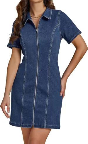 luvamia Denim Dresses for Women Summer Casual Zip Up Short Sleeve Western Short Stretchy Jean Dress with Pockets