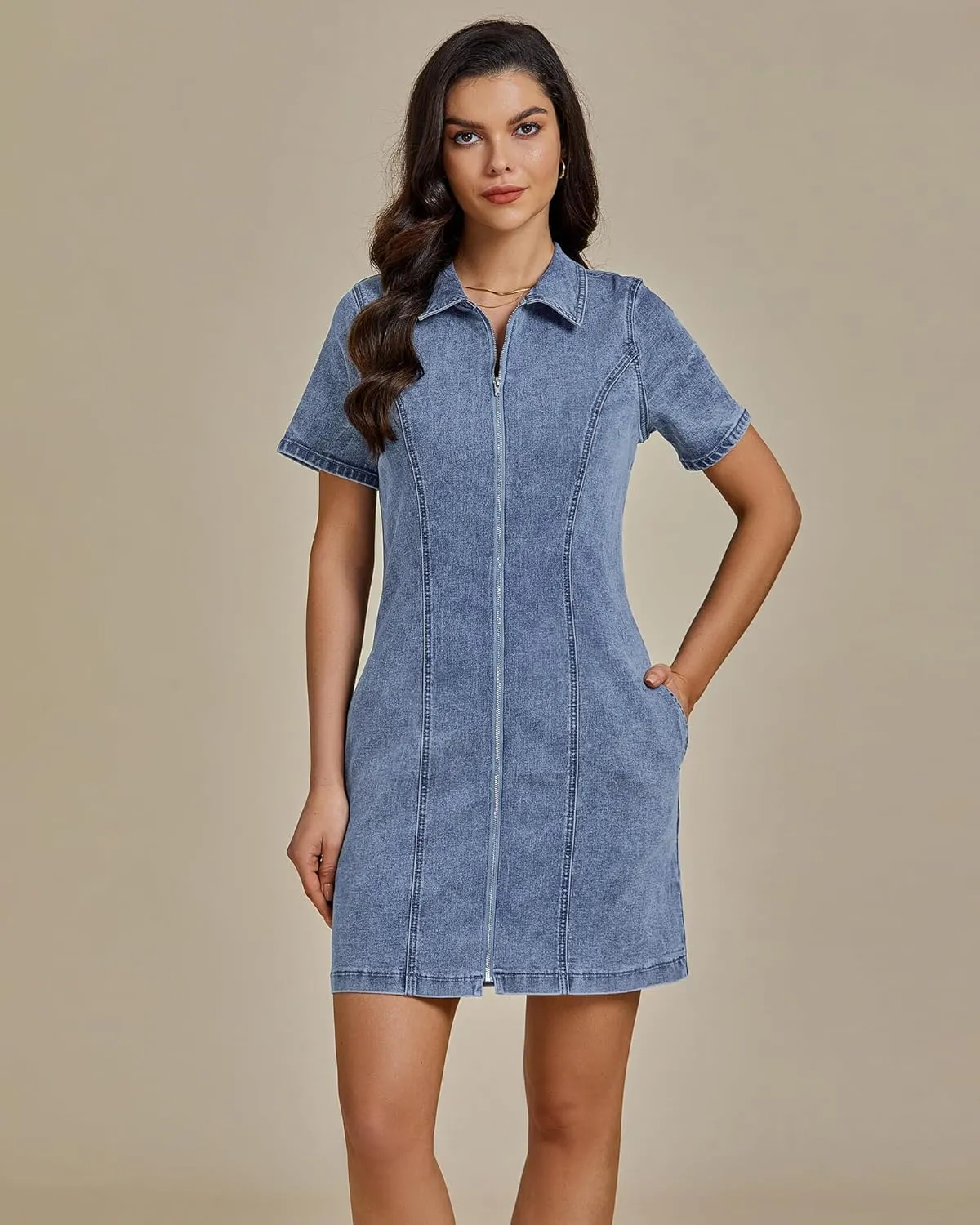 luvamia Denim Dresses for Women Summer Casual Zip Up Short Sleeve Western Short Stretchy Jean Dress with Pockets