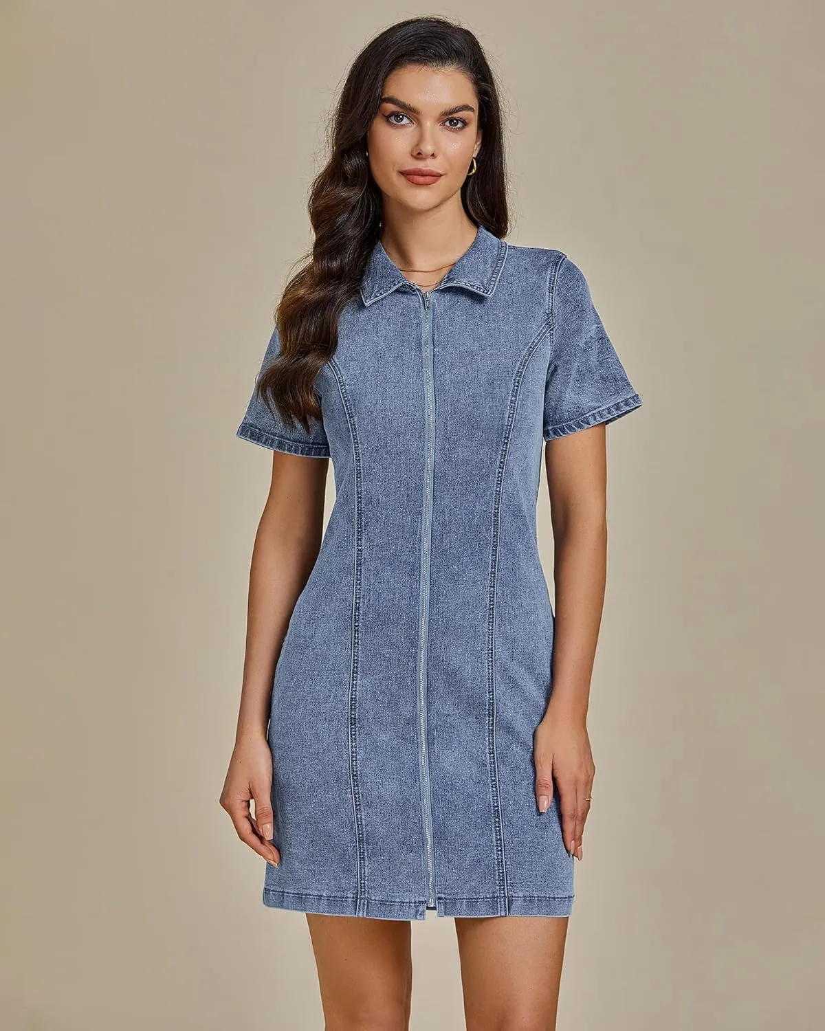 luvamia Denim Dresses for Women Summer Casual Zip Up Short Sleeve Western Short Stretchy Jean Dress with Pockets