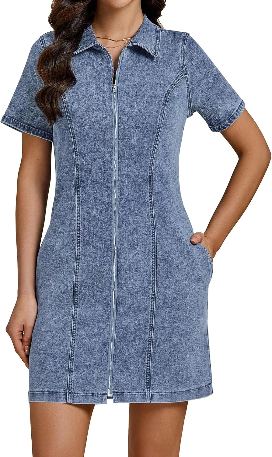 luvamia Denim Dresses for Women Summer Casual Zip Up Short Sleeve Western Short Stretchy Jean Dress with Pockets