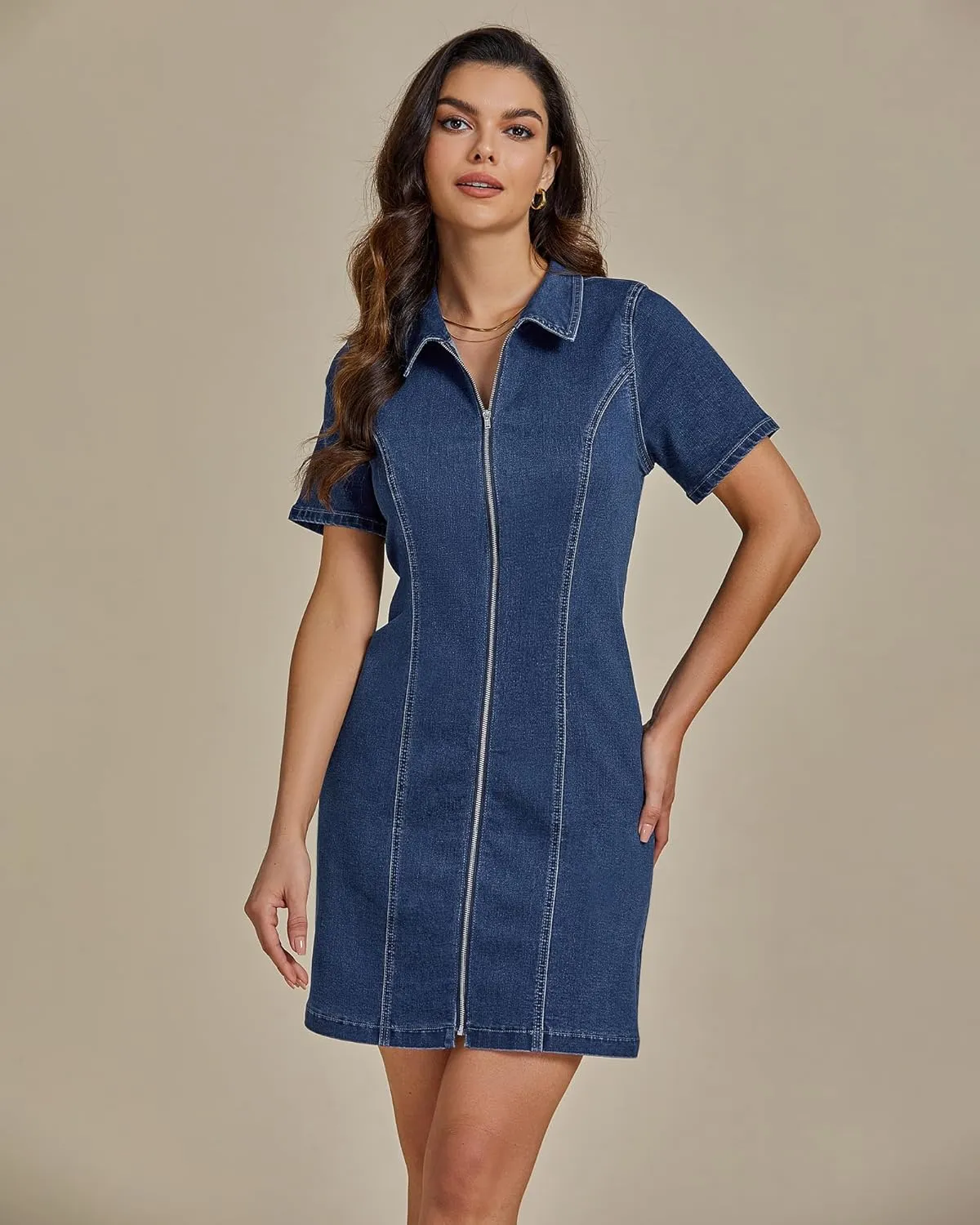 luvamia Denim Dresses for Women Summer Casual Zip Up Short Sleeve Western Short Stretchy Jean Dress with Pockets