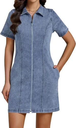 luvamia Denim Dresses for Women Summer Casual Zip Up Short Sleeve Western Short Stretchy Jean Dress with Pockets