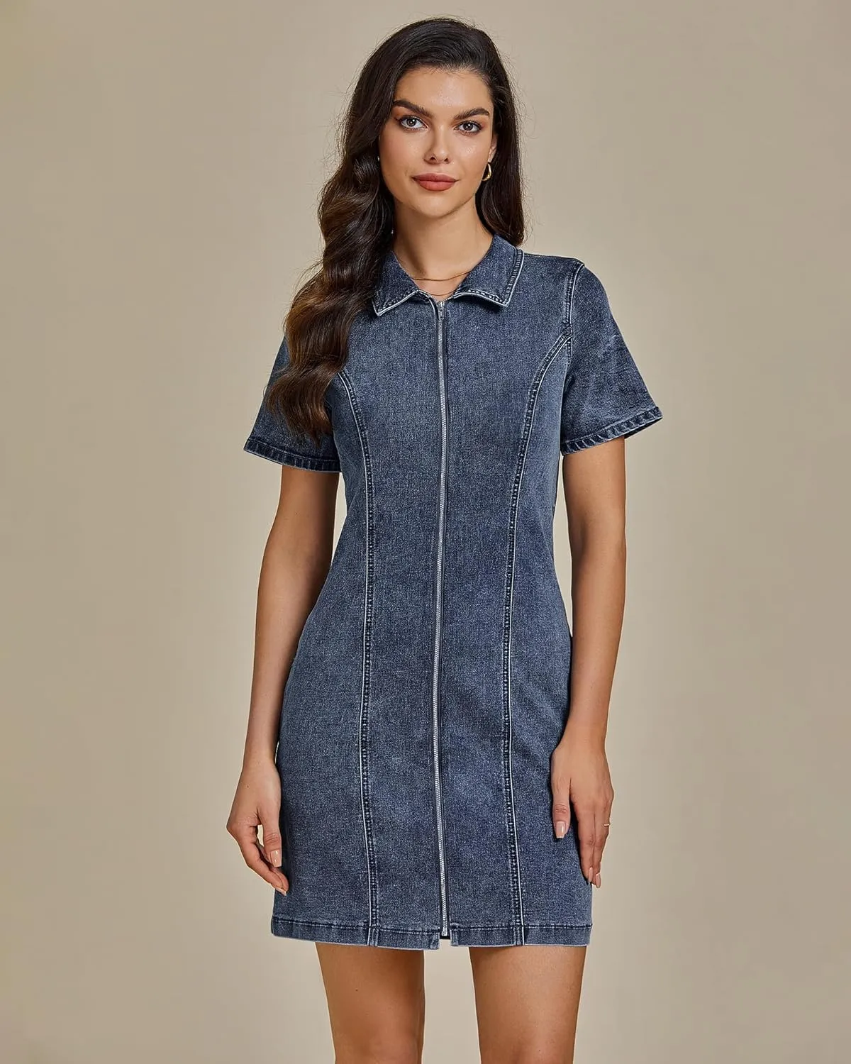 luvamia Denim Dresses for Women Summer Casual Zip Up Short Sleeve Western Short Stretchy Jean Dress with Pockets