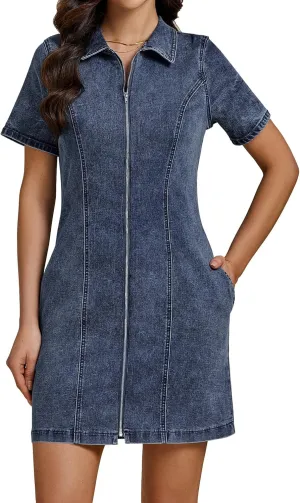 luvamia Denim Dresses for Women Summer Casual Zip Up Short Sleeve Western Short Stretchy Jean Dress with Pockets