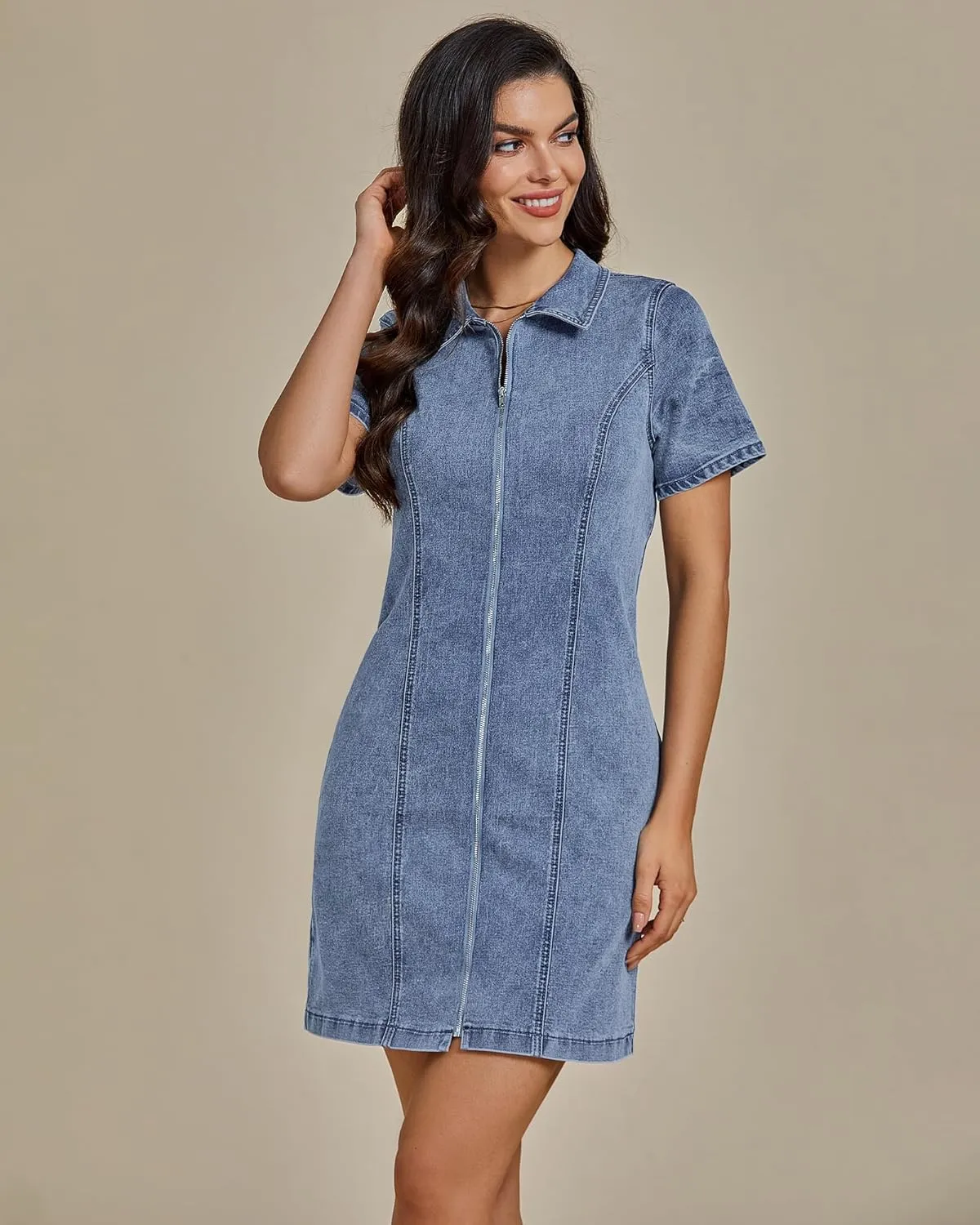 luvamia Denim Dresses for Women Summer Casual Zip Up Short Sleeve Western Short Stretchy Jean Dress with Pockets