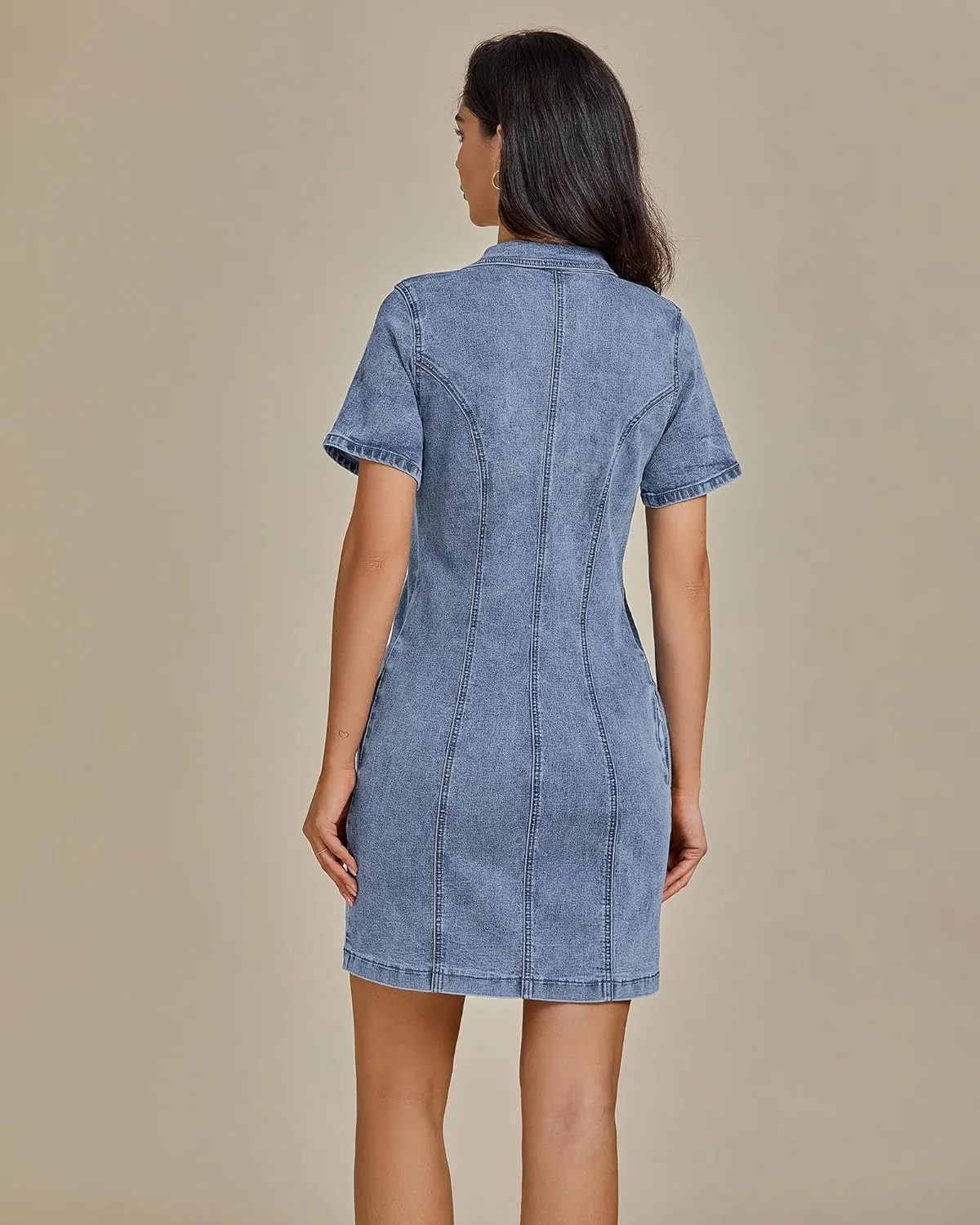 luvamia Denim Dresses for Women Summer Casual Zip Up Short Sleeve Western Short Stretchy Jean Dress with Pockets