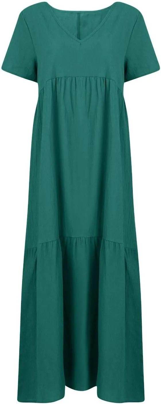 Maxi Dress for Women Casual Summer Linen Short Sleeve V Neck Baggy Sundress Plus Size Solid Flowy Beach Long Dresses