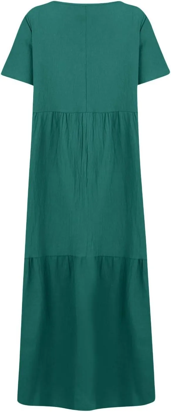 Maxi Dress for Women Casual Summer Linen Short Sleeve V Neck Baggy Sundress Plus Size Solid Flowy Beach Long Dresses