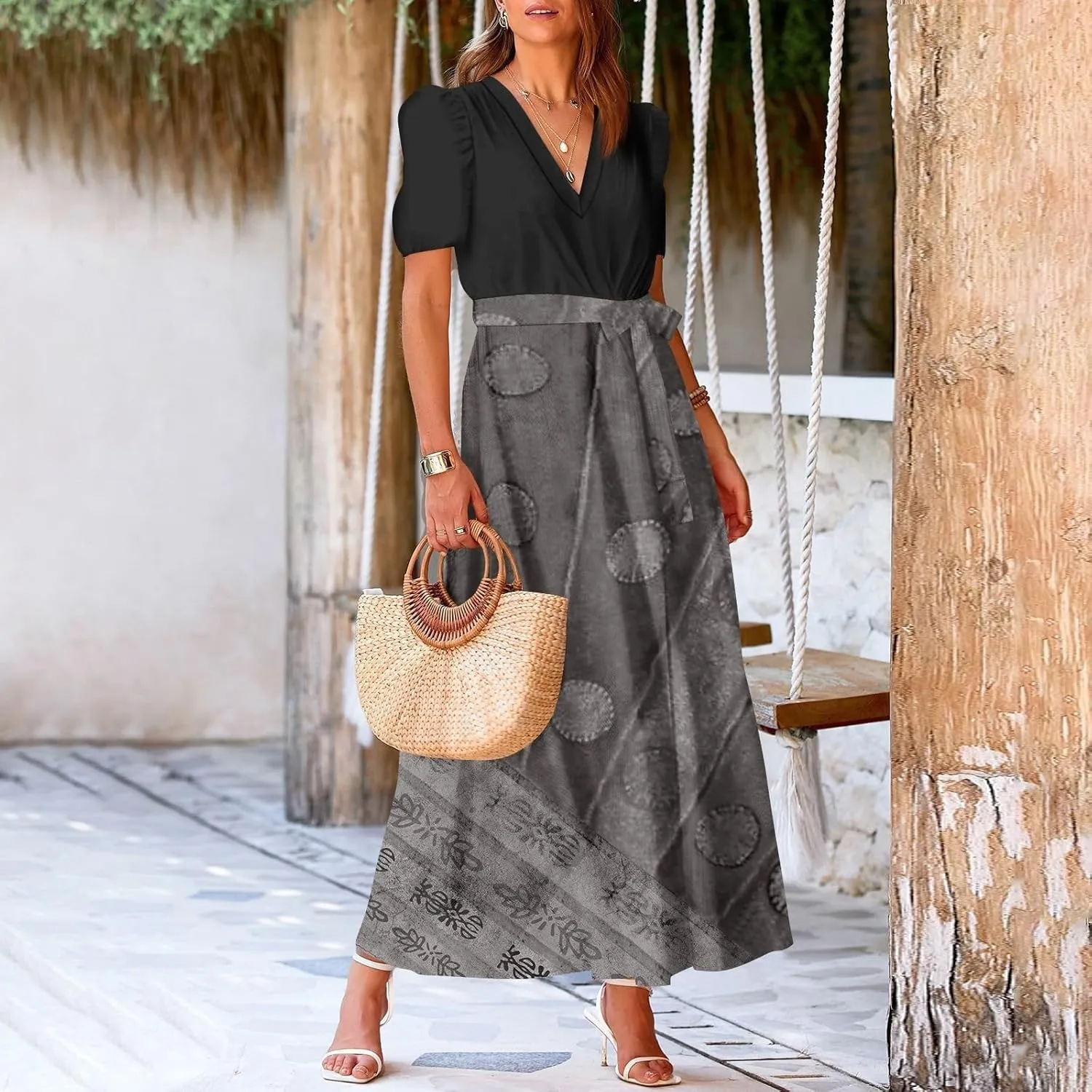 Maxi Dresses for Women 2025 Summer V Neck Short Sleeve T Shirt Dress Casual Flowy High Split A Line Beach Sundress