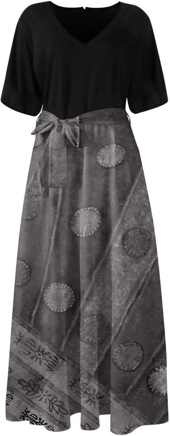 Maxi Dresses for Women 2025 Summer V Neck Short Sleeve T Shirt Dress Casual Flowy High Split A Line Beach Sundress