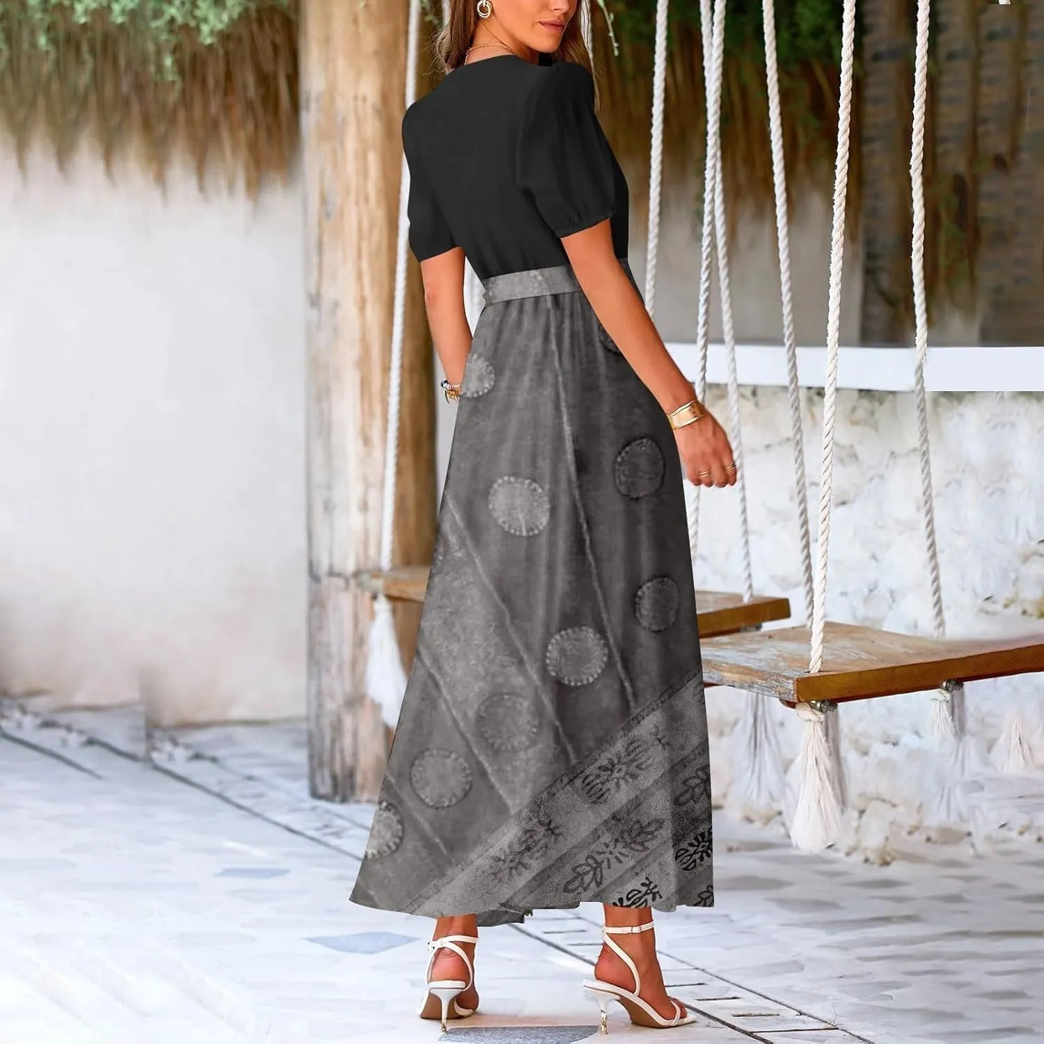 Maxi Dresses for Women 2025 Summer V Neck Short Sleeve T Shirt Dress Casual Flowy High Split A Line Beach Sundress