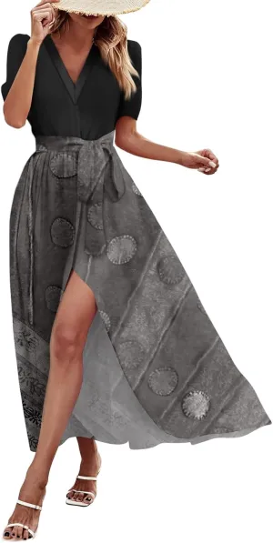 Maxi Dresses for Women 2025 Summer V Neck Short Sleeve T Shirt Dress Casual Flowy High Split A Line Beach Sundress