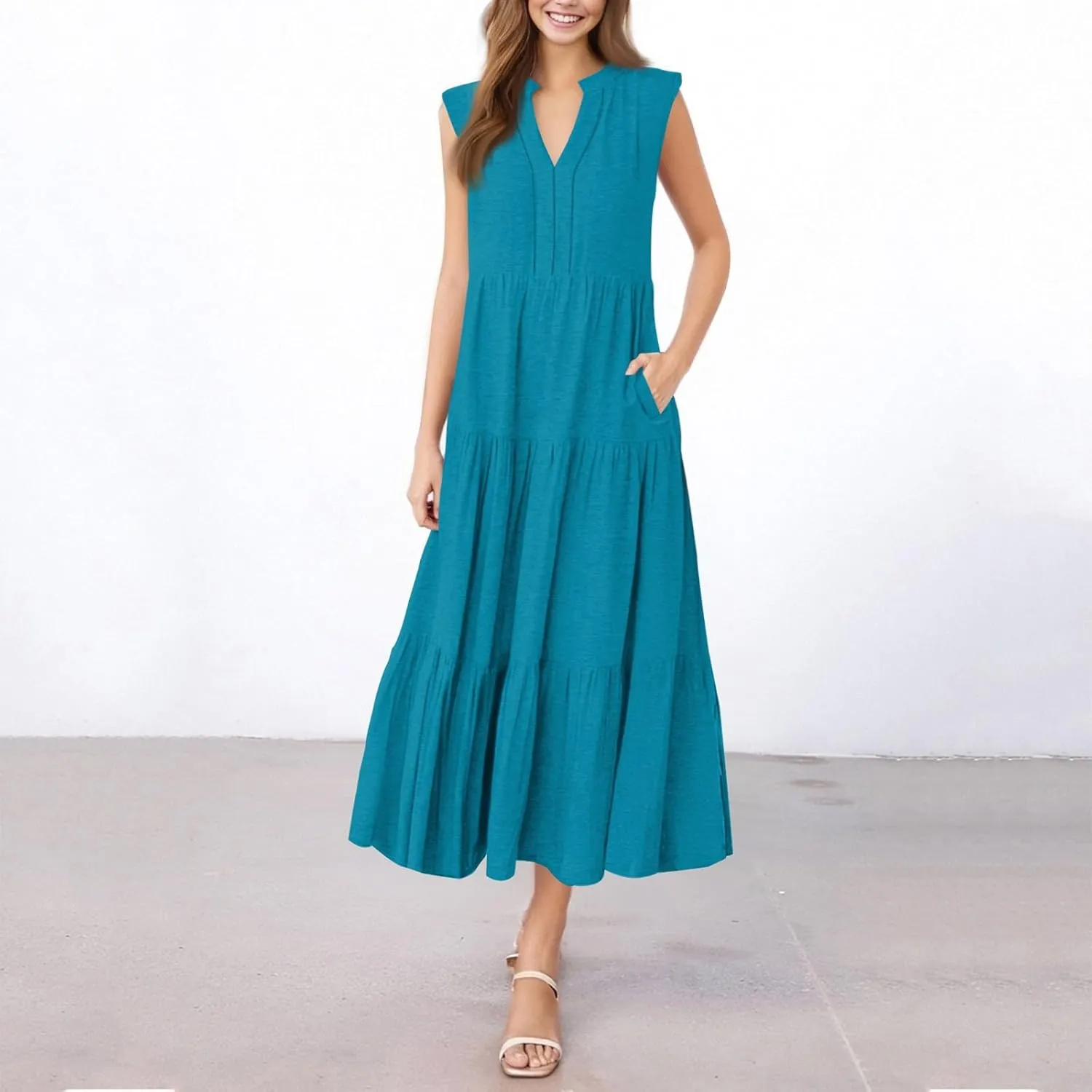 Maxi Dresses for Women 2025 Summer V Neck Tiered Sleeveless Long Dress Casual Pleated Boho Beach Vacation Tank Dress