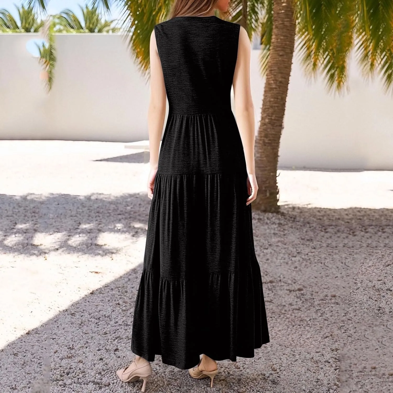 Maxi Dresses for Women 2025 Summer V Neck Tiered Sleeveless Long Dress Casual Pleated Boho Beach Vacation Tank Dress