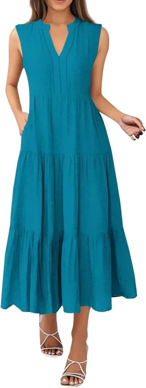 Maxi Dresses for Women 2025 Summer V Neck Tiered Sleeveless Long Dress Casual Pleated Boho Beach Vacation Tank Dress