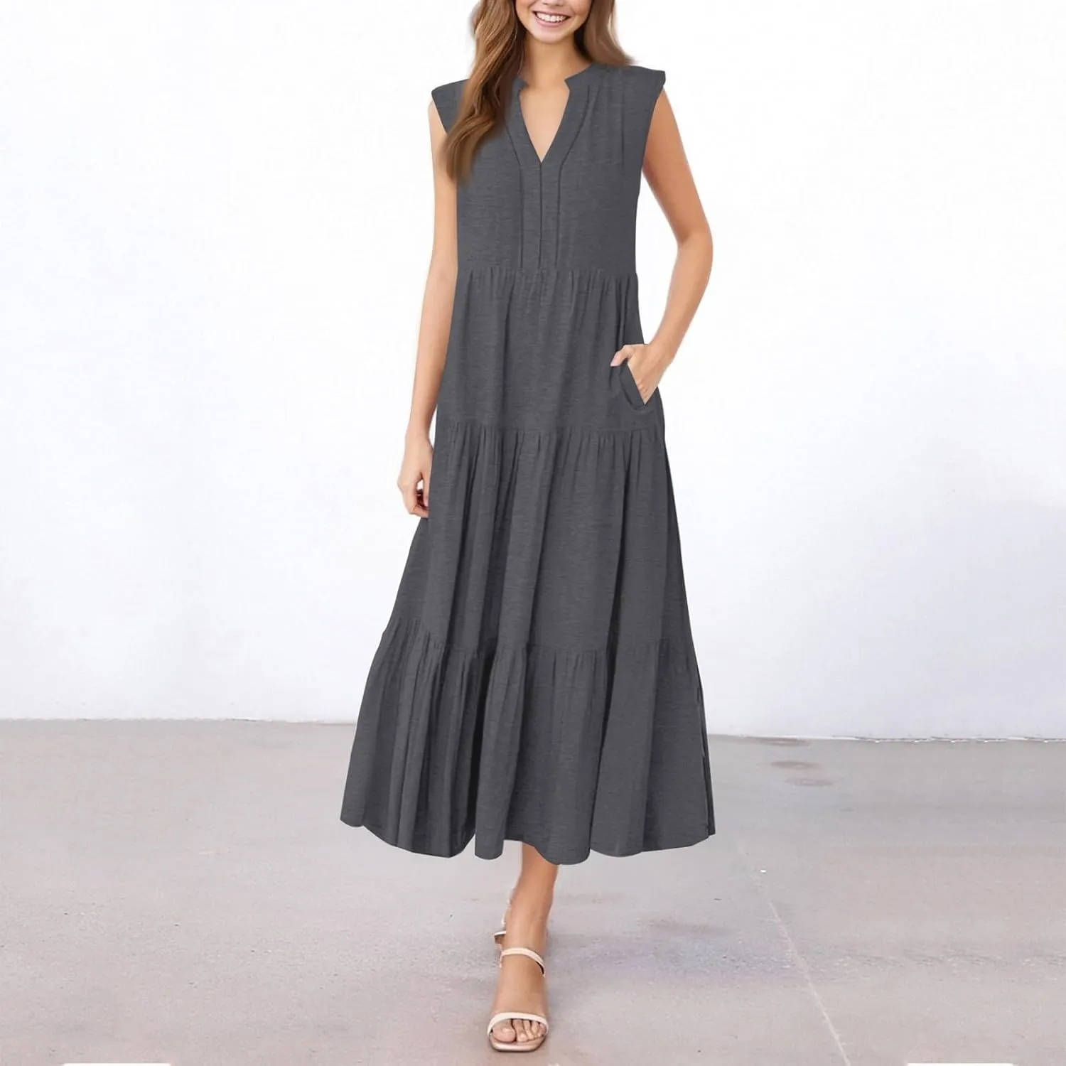 Maxi Dresses for Women 2025 Summer V Neck Tiered Sleeveless Long Dress Casual Pleated Boho Beach Vacation Tank Dress